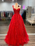 Niulatu A-line One Shoulder Tulle Lace Prom Dress Red Backless Formal Evening HZ1007