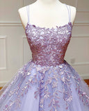 Niulatu A-Line Spaghetti Straps Lace Tulle Open Back Prom HZ1007