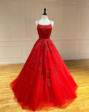 Niulatu A-Line Spaghetti Straps Lace Tulle Open Back Prom HZ1007