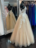 Niulatu A-line V-neck Backless Tulle Prom Dress Champagne Lace Formal Evening HZ1007