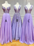 Niulatu A-line V-neck Lace Chiffon Prom Dress Lilac Formal Evening HZ1007
