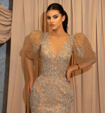 Niulatu Mermaid V-neck Lace Prom Dress with Short Puffy HZ1007
