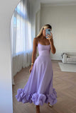 Niulatu A line Spaghetti Straps Lilac Satin Evening Dress Ruffles Prom Dresses HZ1110