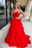 Straps Blue Appliques Tiered Ruffle Long Formal HZ0308