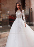 Niulatu Attractive Tulle Jewel Neckline See-through Bodice A-line Wedding Dress With Lace Appliques & Beadings Long Sleeves Bridal HZ1007