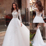 Niulatu Attractive Tulle Jewel Neckline See-through Bodice A-line Wedding Dress With Lace Appliques & Beadings Long Sleeves Bridal HZ1007