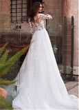 Niulatu Attractive Tulle Jewel Neckline See-through Bodice A-line Wedding Dress With Lace Appliques & Beadings Long Sleeves Bridal HZ1007