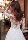 Niulatu Attractive Tulle Jewel Neckline See-through Bodice A-line Wedding Dress With Lace Appliques & Beadings Long Sleeves Bridal HZ1007