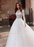 Niulatu Attractive Tulle Jewel Neckline See-through Bodice A-line Wedding Dress With Lace Appliques & Beadings Long Sleeves Bridal HZ1007