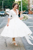 Niulatu A-line V-neck Half Sleeves Tea Length Taffeta Wedding Dresses, HZ1007