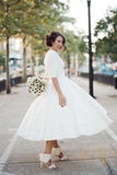 Niulatu A-line V-neck Half Sleeves Tea Length Taffeta Wedding Dresses, HZ1007