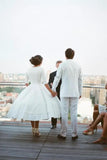 Niulatu A-line V-neck Half Sleeves Tea Length Taffeta Wedding Dresses, HZ1007