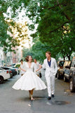 Niulatu A-line V-neck Half Sleeves Tea Length Taffeta Wedding Dresses, HZ1007