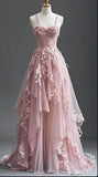 Niulatu Fairytale A-line Hi-Lo Prom Dress for Masquerade ?Tulle&Lace Applique Spaghetti Strap Evening Dress HZ1026