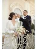 Niulatu Little White Dresses Wedding Dresses A-Line V Neck Long Sleeve Ankle Length Chiffon Bridal Gowns With Solid HZ1007