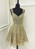 Niulatu gold lace v neck short prom dress, homecoming dress HZ0113