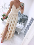 Niulatu v neck chiffon lace long prom dress, white formal dress HZ0113
