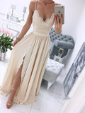 Niulatu v neck chiffon lace long prom dress, white formal dress HZ0113