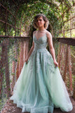 Straps Sage Green Appliques Tulle Long Formal HZ0308