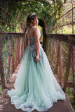 Straps Sage Green Appliques Tulle Long Formal HZ0308