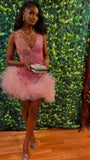 Niulatu V Neck Pink Short Homecoming Dress and Bottom Tulle Ruffles Pink Birthday Outfit Dress HZ1007