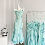 Sexy Mermaid Spaghetti Straps Floral Blue Summer Dress Holiday Party Outfits For Women HZ1214
