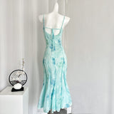 Sexy Mermaid Spaghetti Straps Floral Blue Summer Dress Holiday Party Outfits For Women HZ1214