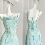 Sexy Mermaid Spaghetti Straps Floral Blue Summer Dress Holiday Party Outfits For Women HZ1214
