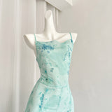 Sexy Mermaid Spaghetti Straps Floral Blue Summer Dress Holiday Party Outfits For Women HZ1214
