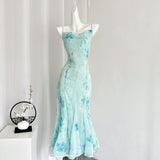 Sexy Mermaid Spaghetti Straps Floral Blue Summer Dress Holiday Party Outfits For Women HZ1214