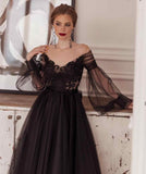 Niulatu Black Illusion Full Sleeve V-Neck Lace Appliques Backless A-Line Ankle-Length Evening Dress HZ1007