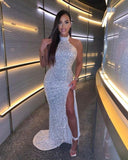 Niulatu Mermaid Halter White Sequin Long Prom Evening Dress with Split HZ1007