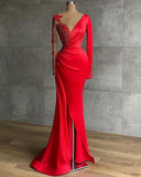 Niulatu Red Satin Evening Dresses Sheer Neckline Long Sleeve Beaded African High Slit Women Formal Prom Dress HZ1007