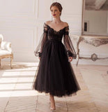 Niulatu Black Illusion Full Sleeve V-Neck Lace Appliques Backless A-Line Ankle-Length Evening Dress HZ1007