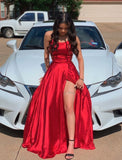 Niulatu Satin Long Prom Gown Front Slit Evening Dresses Floor Length Prom Dresses HZ1007
