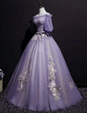 Niulatu Purple Short Sleeves Tulle Puffy Long Formal Dress Lovely Evening Dress Party Dress HZ1007
