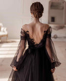 Niulatu Black Illusion Full Sleeve V-Neck Lace Appliques Backless A-Line Ankle-Length Evening Dress HZ1007