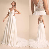 Niulatu V Neck Spaghetti Straps Chiffon A Line Wedding Dress With Lace Back Bridal Gown HZ1007