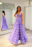 Straps Light Purple Tulle Ruffle A-line Long Prom HZ0308