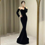 Niulatu Mermaid Sweetheart Black Velvet Long Evening Dress Prom Dresses With Bow HZ1110