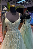 Straps Sage Green Appliques Tulle Long Formal HZ0308