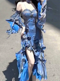 Niulatu Sheath Irregular Ruffled Spaghetti Straps Women's Blue Long Birthday Party Dresses SD436