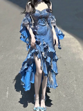 Niulatu Sheath Irregular Ruffled Spaghetti Straps Women's Blue Long Birthday Party Dresses SD436