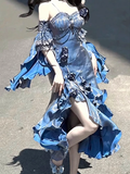 Niulatu Sheath Irregular Ruffled Spaghetti Straps Women's Blue Long Birthday Party Dresses SD436