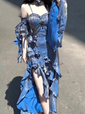 Niulatu Sheath Irregular Ruffled Spaghetti Straps Women's Blue Long Birthday Party Dresses SD436