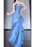 Niulatu Mermaid Spaghetti Straps Blue Ankle length Prom Dresses Birthday Outfits With Flower SD522