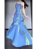 Niulatu Mermaid Spaghetti Straps Blue Ankle length Prom Dresses Birthday Outfits With Flower SD522
