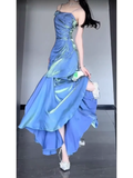 Niulatu Mermaid Spaghetti Straps Blue Ankle length Prom Dresses Birthday Outfits With Flower SD522
