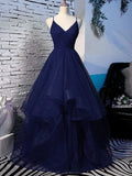 Niulatu Dark Navy Long A-line V Neck Fluffy Tulle Prom Formal Evening HZ1007