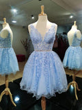 Niulatu A-line V Neck Open Back Lace Prom Dresses Backless Homecoming HZ1007